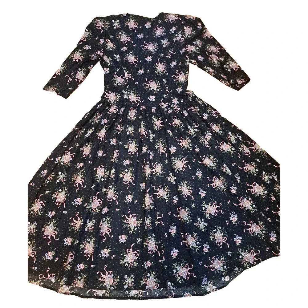 Vintage 90s Drop Waist Dress Black Floral Button Front Pockets Coquette Twee L